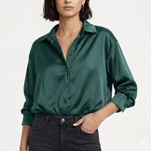 Emery Rose Green Satin Oversized Button Down Long Sleeve Shirt Size Large